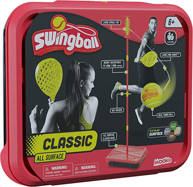 Swingball Classic All Surface, Red and Yellow, Outdoor Activities, All Surface Base Swingball, Real Tennis Ball and 2 Championship Bats, Suitable for Everyone 6 years+