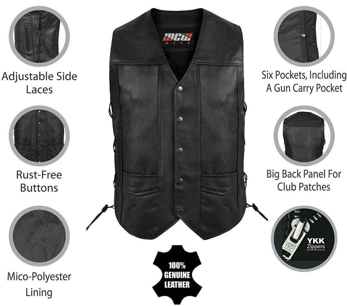 Men's Genuine 100% Real Leather Black Vest Motorbike Motorcycle Biker Waistcoat - Hamtons Direct