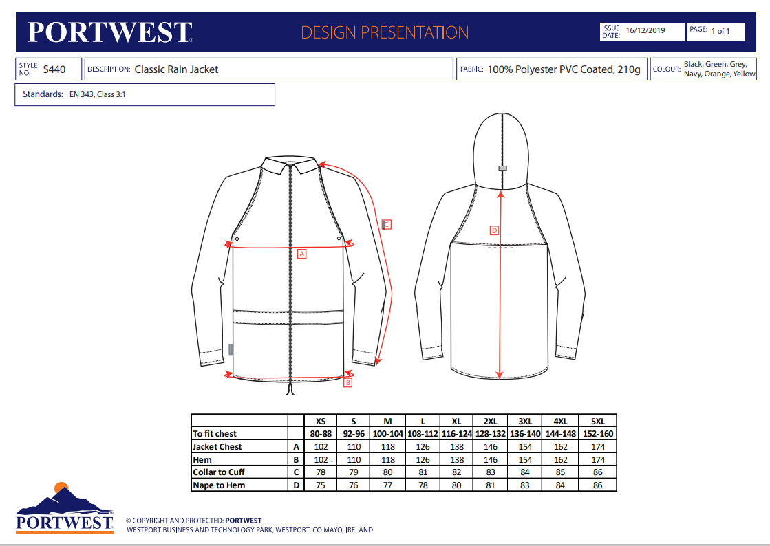 Portwest Rainsuit Classic Jacket & Classic Trouser Water resistant - Black - Hamtons Direct