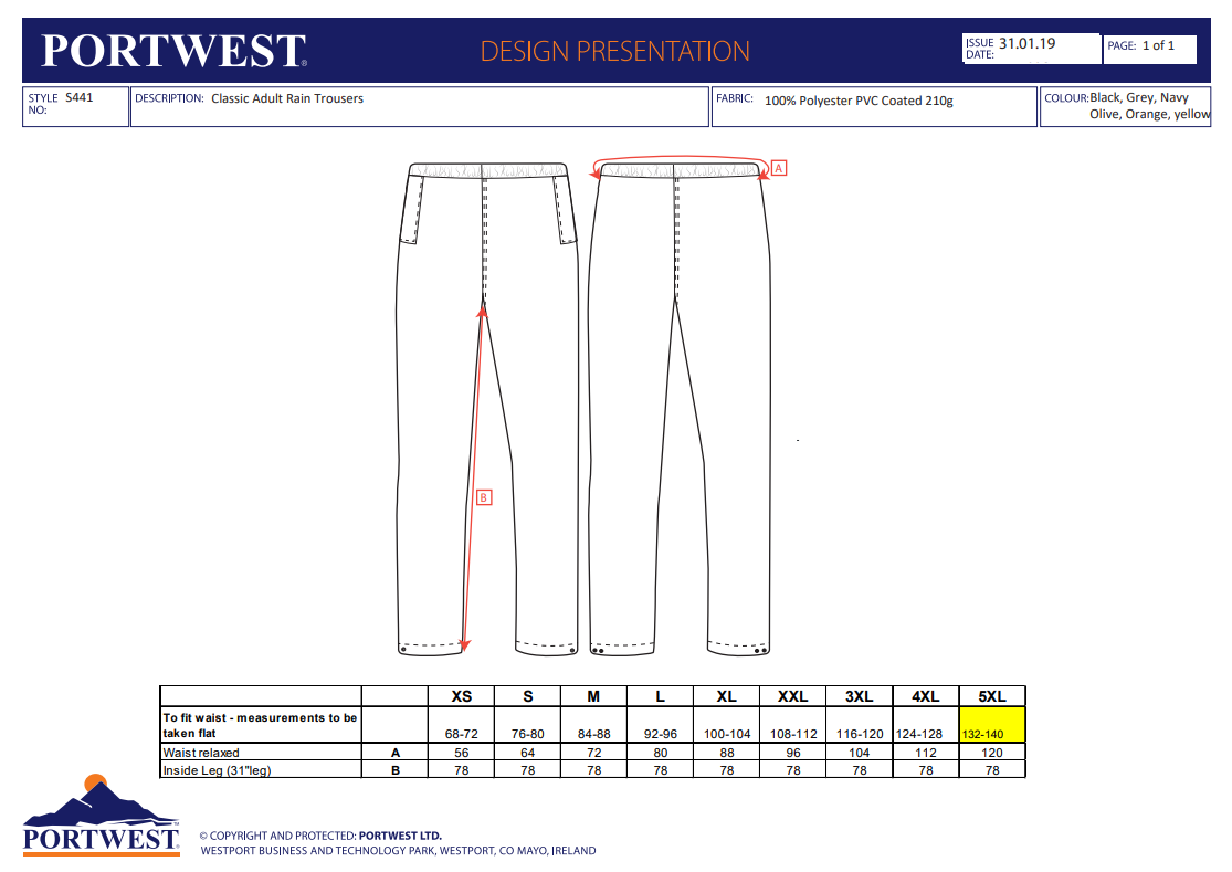 Portwest Rainsuit Classic Trouser Water resistant - Black - Hamtons Direct