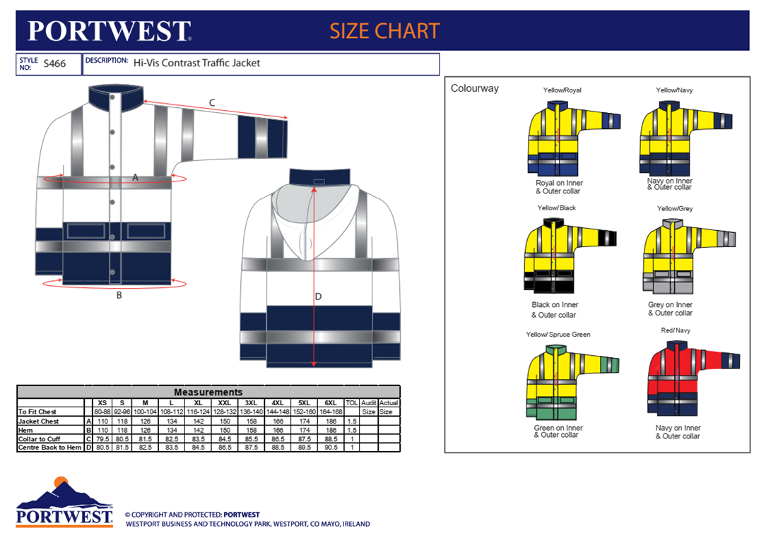Portwest S466 Hi-viz Contrast Traffic Jacket Waterproof Thermal Insulation CE Certified Yellow/Royal - Hamtons Direct