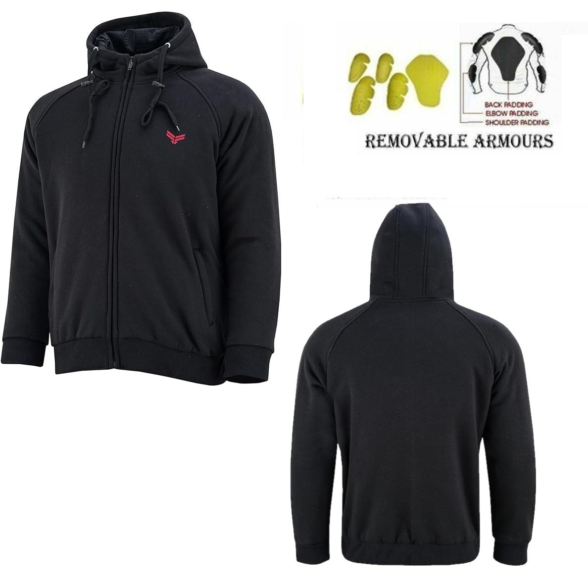 Motorcycle Motorbike Armoured Hoodie Hoody Fleece Jacket Zip Up Removable Armour - Hamtons Direct