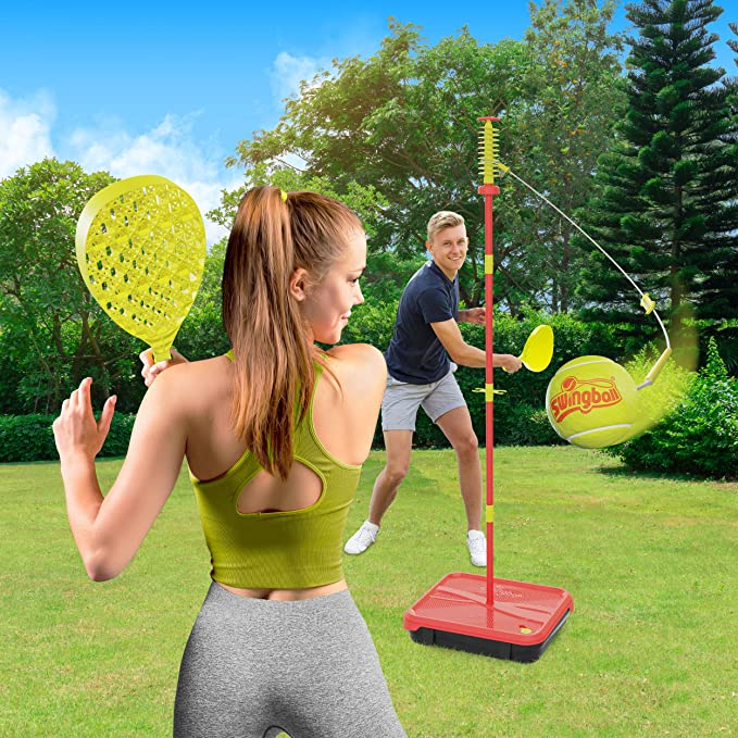 Swingball Classic All Surface, Red and Yellow, Outdoor Activities, All Surface Base Swingball, Real Tennis Ball and 2 Championship Bats, Suitable for Everyone 6 years+