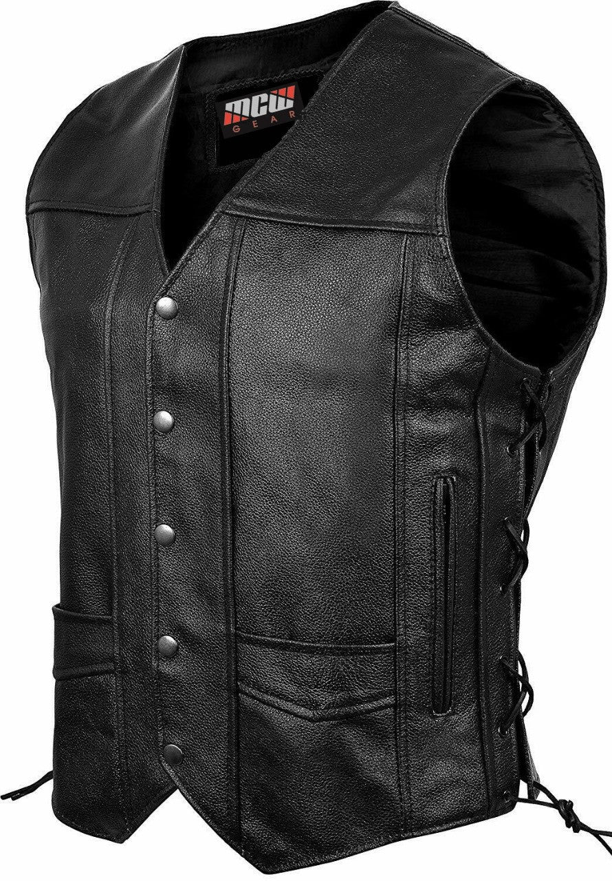 Men's Genuine 100% Real Leather Black Vest Motorbike Motorcycle Biker Waistcoat - Hamtons Direct