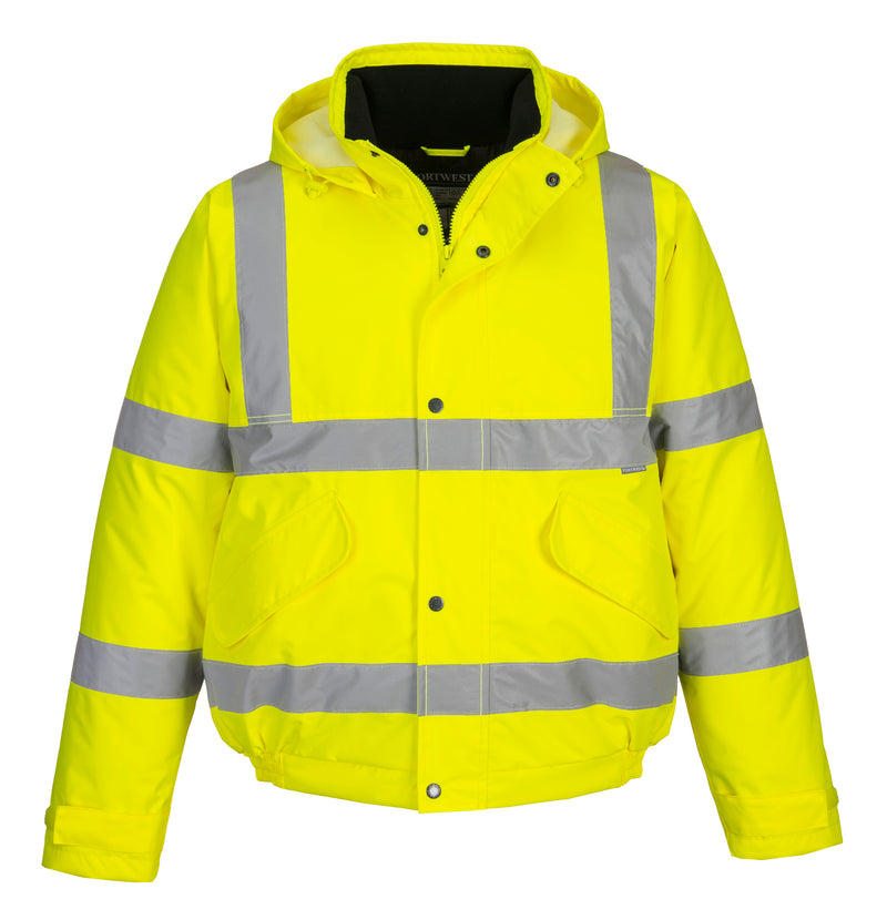 Mens Hi Vis Viz Bomber Workwear Water Resistant Jacket Lined Padded Hood Safety - Hamtons Direct