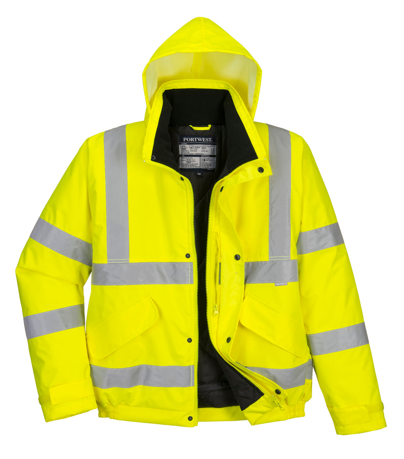 Mens Hi Vis Viz Bomber Workwear Water Resistant Jacket Lined Padded Hood Safety - Hamtons Direct