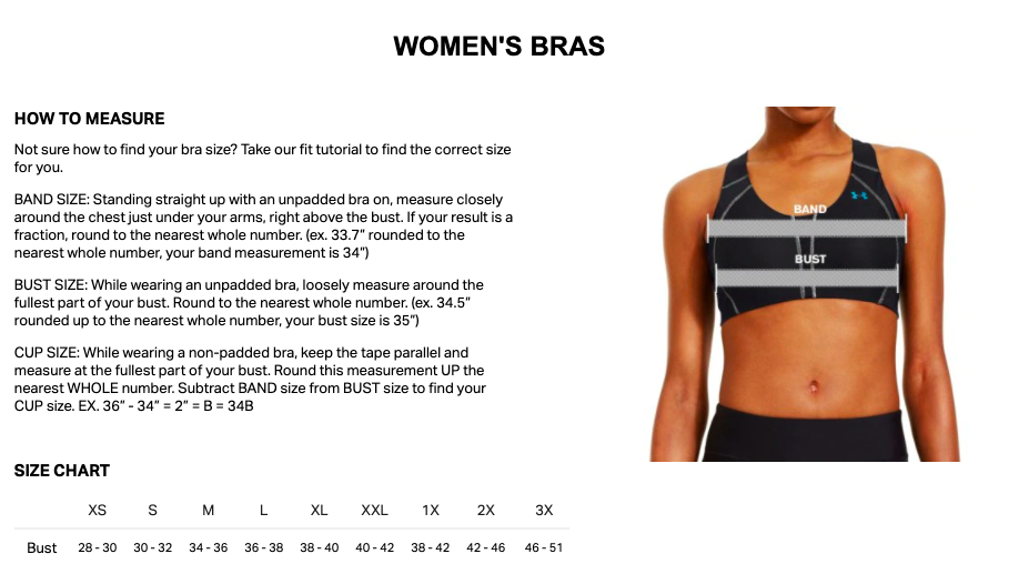 Under armor sports hot sale bra size chart