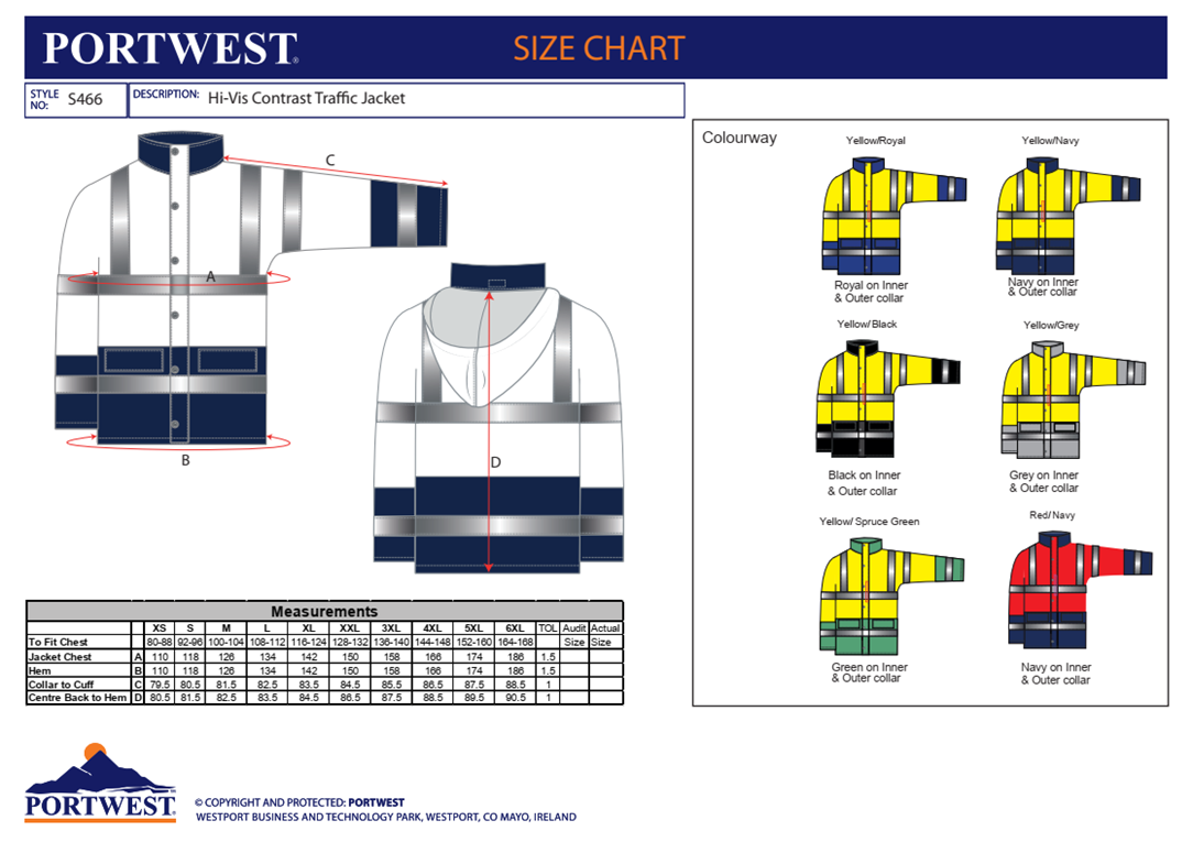 Portwest S466 Hi-viz Contrast Traffic Jacket Waterproof Thermal Insulation CE Certified - Hamtons Direct